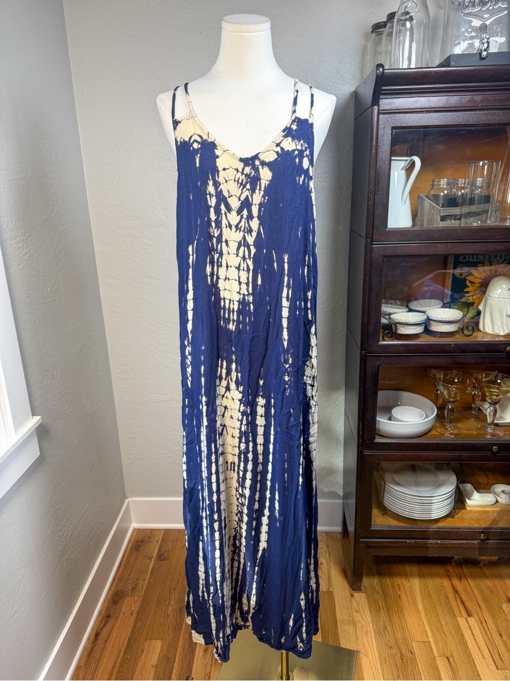 Boho Me Blue Tie Dye  Back Bohemian Summer Beach Maxi Dress Size S